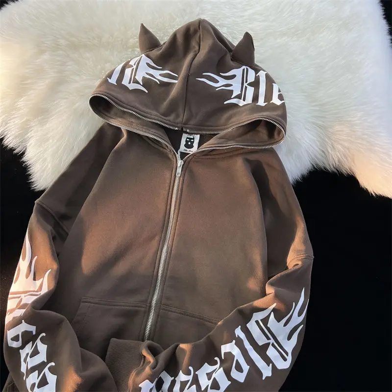 

Модные женские толстовки с принтом в виде демона, Американская улица, Свитшот в стиле хип-хоп с изображением дьявола, повседневная толстовка на молнии