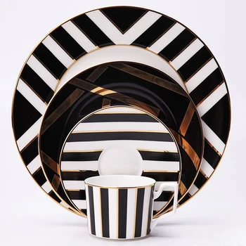 High Bone China Tableware Set – Hand-Drawn Stripe Plates & Cups 1