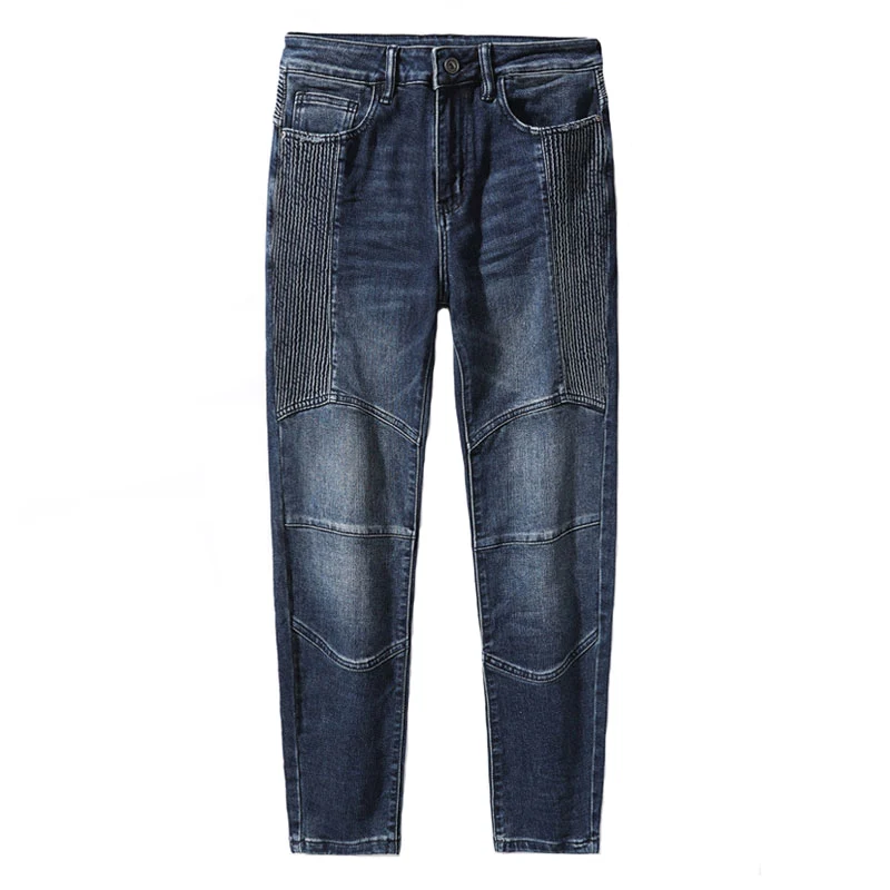 High Street Fashion Men Jeans Retro Blue Spliced Designer Elastic Slim Fit Biker Jeans Men Wrinkle Patched Hip Hop Pants Hombre