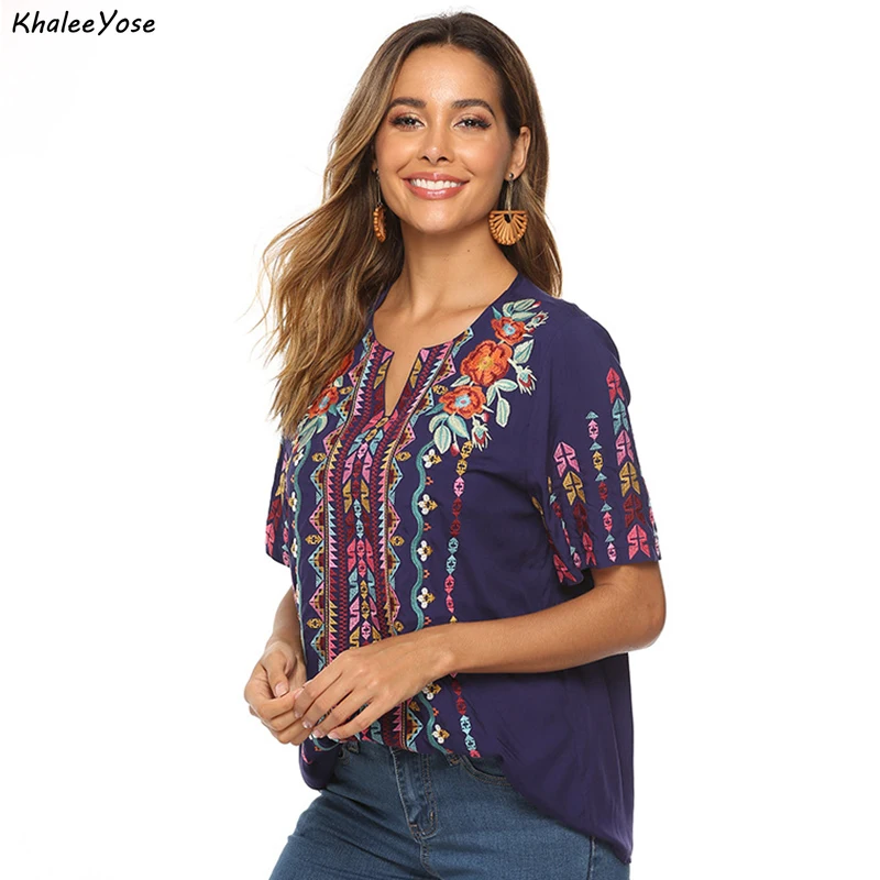 KHALEE YOSE blusa bordada con flores para mujer, Camisa de algodón estilo  bohemio, mexicana, de manga corta, estilo étnico Hippie, talla 2xl y 3xl| Blusas y camisas| - AliExpress