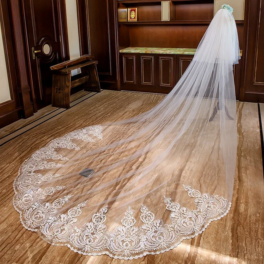 

New Arrival Two Layers 3*3 Meter Cathedral Wedding veils Lace Appliques Bride bridal veil