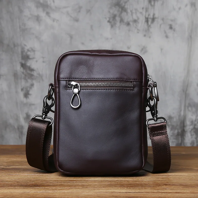 NZPJ Vintage Genuine Leather Men's Shoulder Bag Natural Cowhide Crossbody Bag Casual Small Backpack Suitable for 8-inch iPad