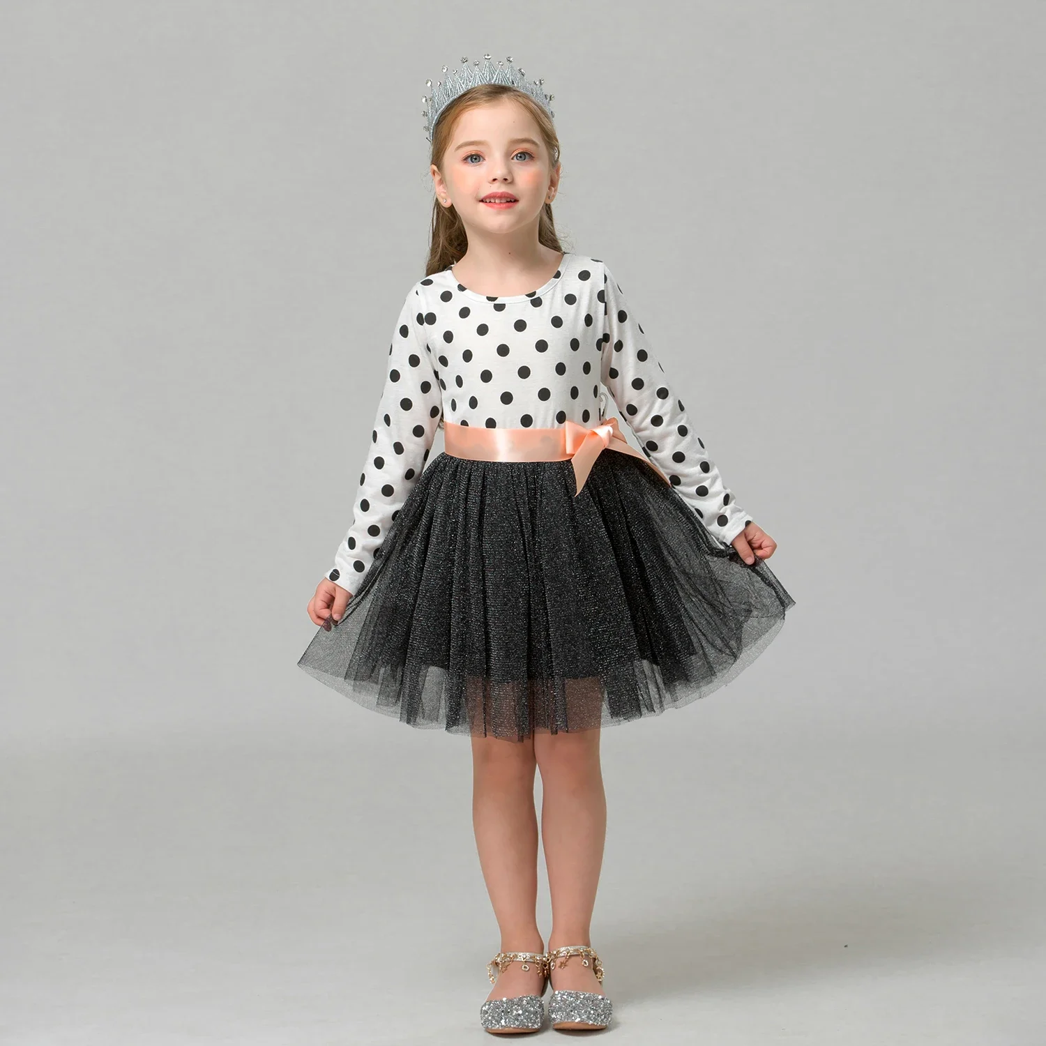 Long Sleeve Dress For Girl Polka Dot Bow Kid Clothes 2 3 4 5 6 Year Baby Tutu Birthday Outfit Party Wear Summer Dress Cloth