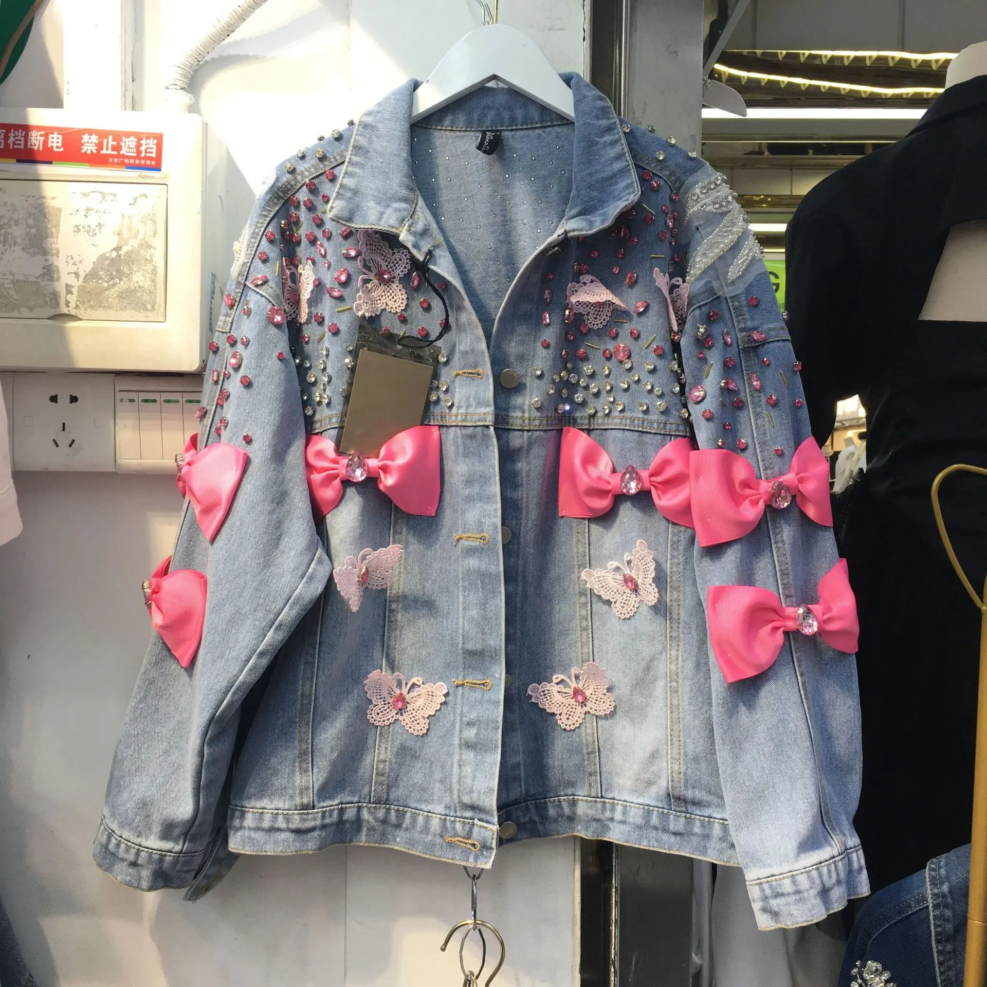Luxury Diamonds 3D Pink Bow Denim Jacket Loose Rhinestones