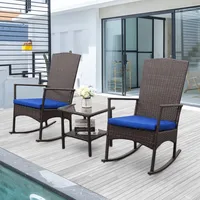 Outdoor PE Wicker Rocking Chair 3-Piece Patio Rattan Bistro Set 2 Rocker Armchair and Glass Coffee Side Table Furniture, Washabl 1