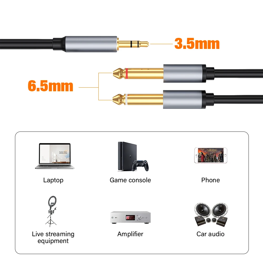 Premium Stereo to Mono Y Splitter Audio Cable - 3.5mm to Dual 6.35mm TS Connectors