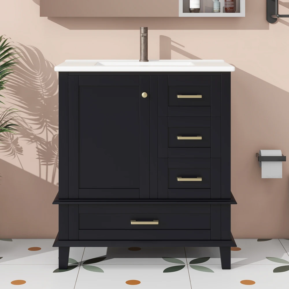 76 x 46 x 83, 5 cm, bodenstehender Badezimmerschrank mit Waschbecken, Volllack, Türregal, drei geräuschlosen Schubladen, integriertes Keramikwaschbecken – Detail 29