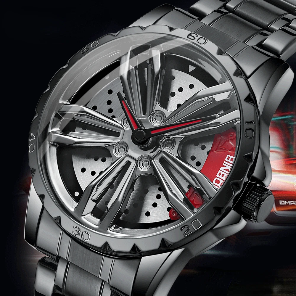 

Sports Car Wheel Hub Watch Men's Stereo Hollow Rotating Quartz Trend Man Wrist Watches with Box+Strap Adjustment Tool