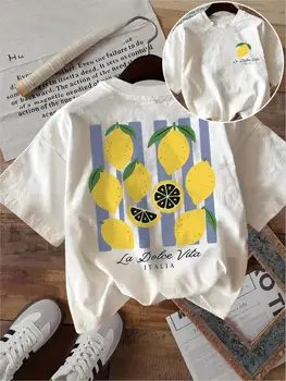 La Dolce Vita T Shirt Funny Lemon Fruit Graphic Purple Stripes Italian Style Unisex Harajuku Loose Short Sleeve Summer Tops 1