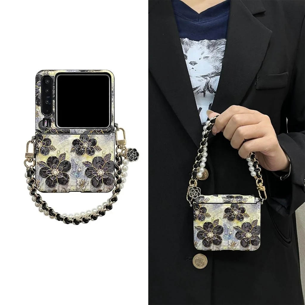 Transparent Pink Butterfly Flower Phone Case with Pearl Bracelet Chain and Hard Lens Protection Cover