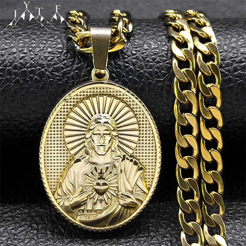 

Sacred Heart of Jesus Catholic Necklace for Women Men Stainless Steel Gold Plated Medal Pendant Necklaces Jewelry Gift NZZ452S05