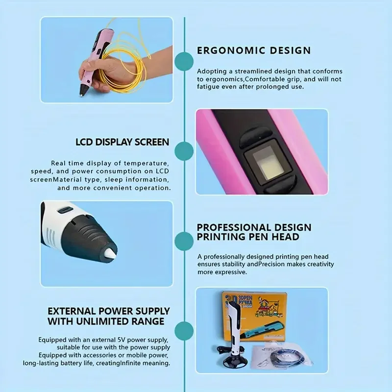 3D Printing Pen Stereocopic Drawing Print Pen With LCD Screen 25M PLA Colors Filaments 25M Consumables