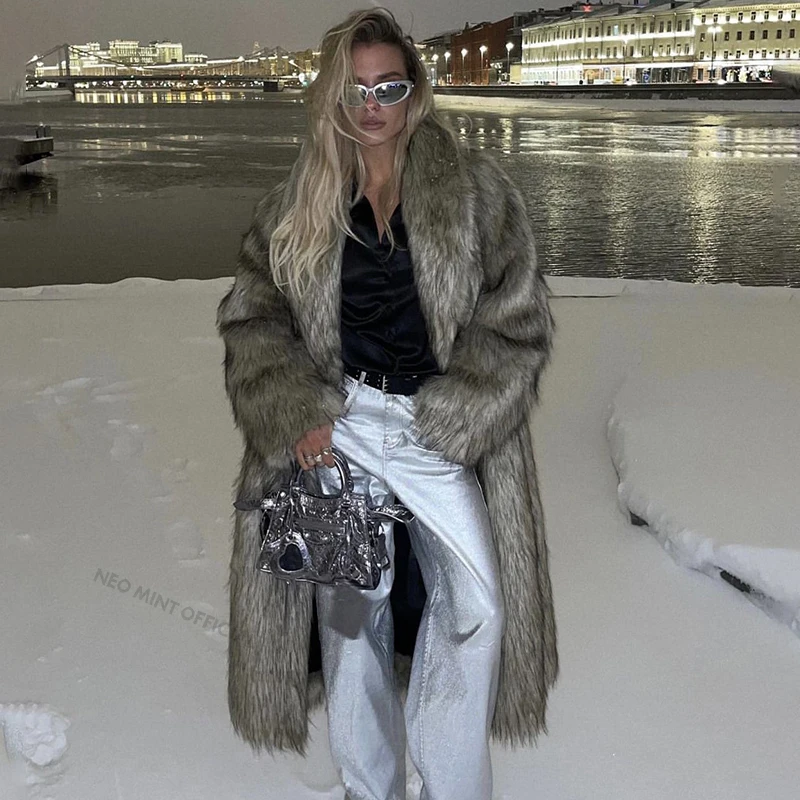 Neo Mint Luxury Mob Wife Aesthetic Long Faux Fur Coat Women Winter 2024 Fluffy Gradient Fox Fur Jacket Female Furry Overcoat 4