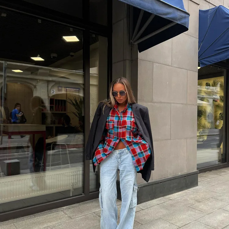 Patchwork Vintage Loose Shirts Female Casual Patchwork Pocket Long Sleeve Contrast Autumn Outwear Women's Shirts Tee