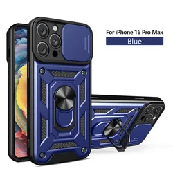 Military Grade Bumper Armor Case with Ring Cover and Slide Lens Protector for iPhone 8 Plus (Navy Blue)