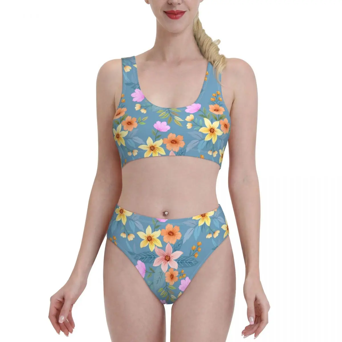 

Bikini Sets for Women High Waisted Bathing Suits Floral Print Scoop Neck 2 Piece Swimsuit 524029674