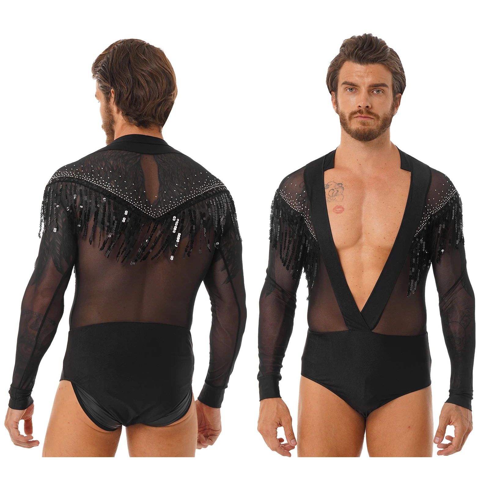 thumbnail image 1 of Traje de baile latino Samba de salón para hombre, Body con diamantes de imitación brillantes, cuello en V, malla transparente, Ropa de baile de Tango y Rumba de manga larga, 1 of 5