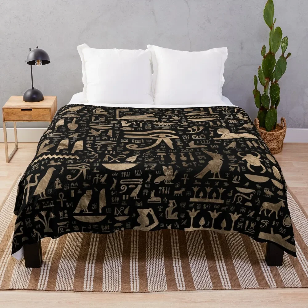 

Ancient Egyptian hieroglyphs - Black and gold Throw Blanket Giant Sofa Luxury St Blankets