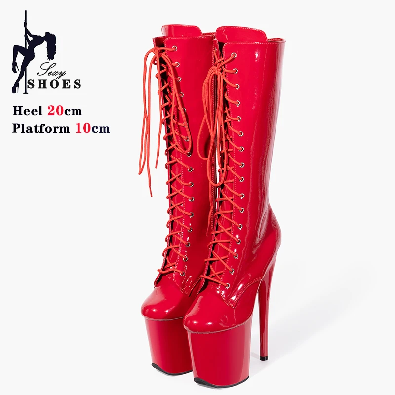 20cm 8 inches Platform Knee-High Women Boots Ultra High Heel Pole Dance Shoes Queen Exotic Stripper Shoes Lace-Up Ladies Heels
