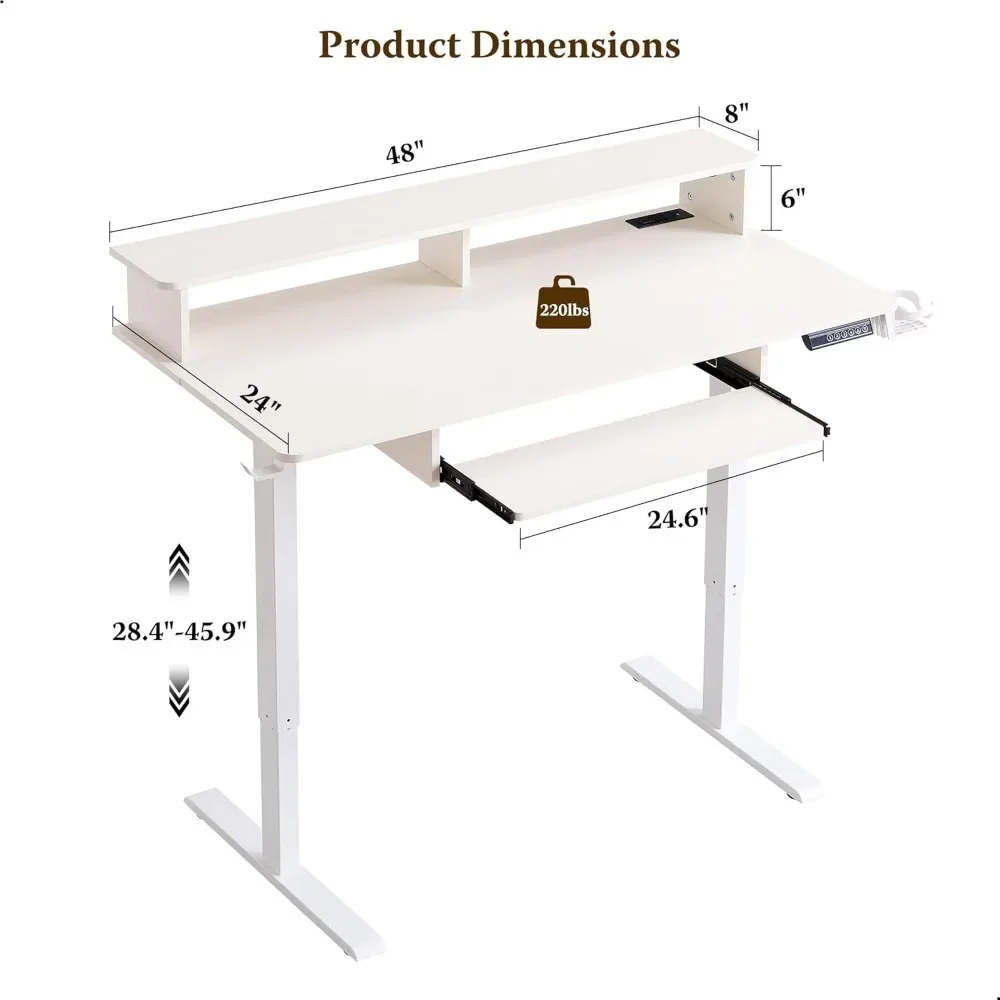 48" Electric Standing Desk Adjustable Height, Sit Stand Up Desk with Keyboard Tray, Power Outlets, LED Lights & Monitor Shelf 6