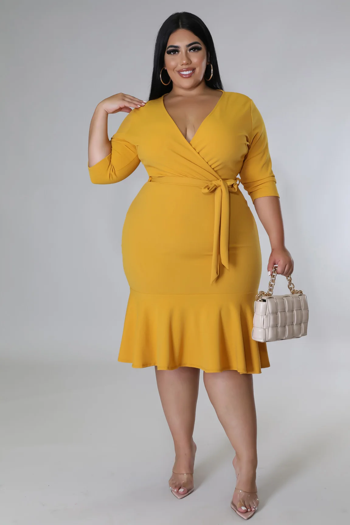 Plus Size Women 5xl Dress Solid V Neck Ruffle Elegant Dress For Chubby Summer Party Bodycon Robe Lady Fashion Wholesale Clothes