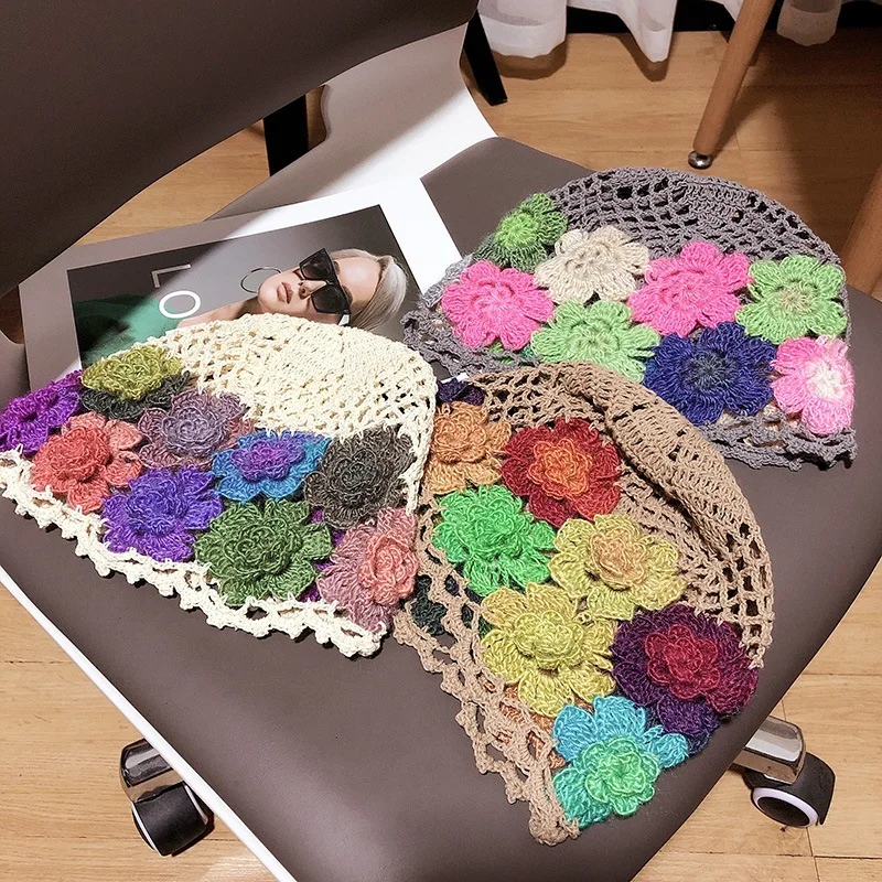 Spring and Summer New Style Literary and Artistic Colorful Flowers Hollow Baotou Cap Female Sweet Fashion Knitting Wool Cap Melo 3