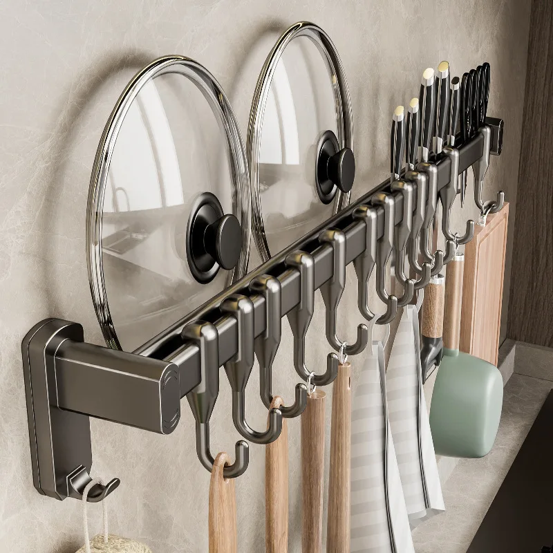 Kitchen Hooks Multifunctional Wall Mounted Storage Knife Rack Non Perforated Hanging Rod Spatulas Spoons Hanging Racks Row Hooks