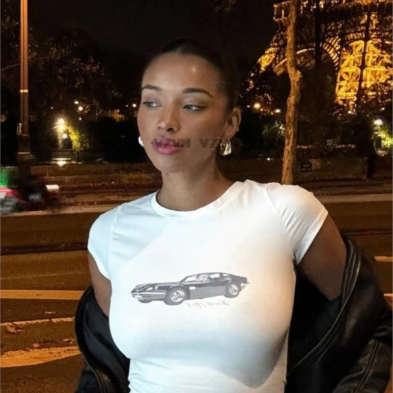 Car Printed Women Summer T-shirt O Neck Cotton Slim Short Sleeve Baby tee Girls O neck 2000s Streetwear sexy Slim Clothing