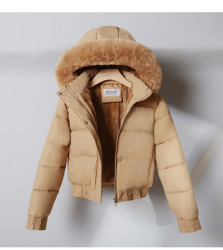 Parkas Down Jacket Women Winter Cotton Short Coat Hooded Fur Collar Office Lady Outerwear Thicken Warm Windproof Overcoat 2025