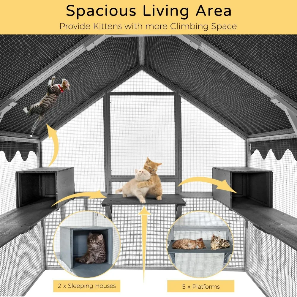 Outdoor Cat House Large for Multiple Cats, Wooden Cat Condo Cage for Outside with Waterproof Roof, Playpen, Resting Box