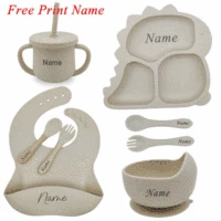 Dinosaur Children Dishes Plate Baby Feeding Set Personalized Name Silicone Tableware For Kids Toddlers Training Bowl Baby Stuff 1