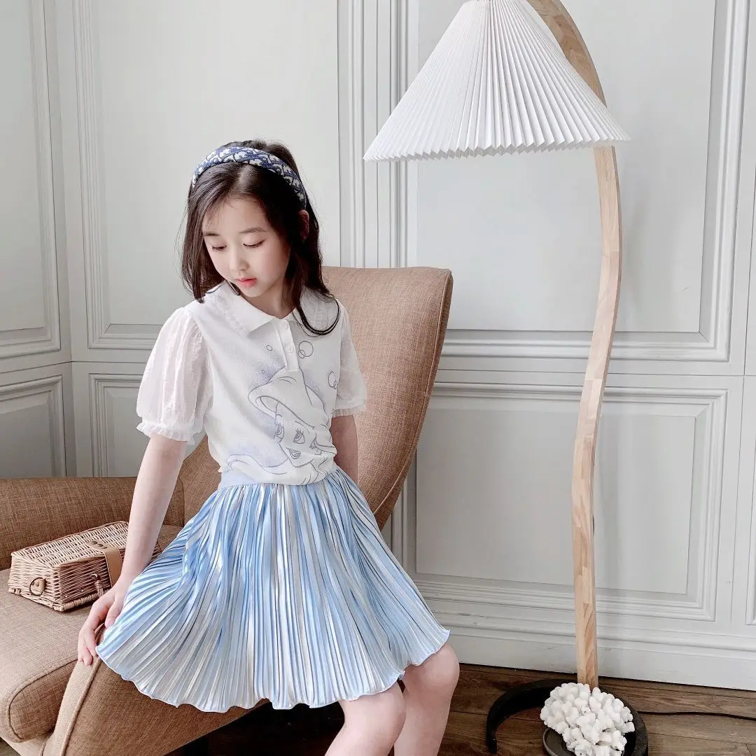 Set Per Bambini 2023 T-Shirt Estive Colletto Rovesciato Pullover Gonne A-Line Lunghezza Al Ginocchio Cotone New Active Sweet Fashion Casual