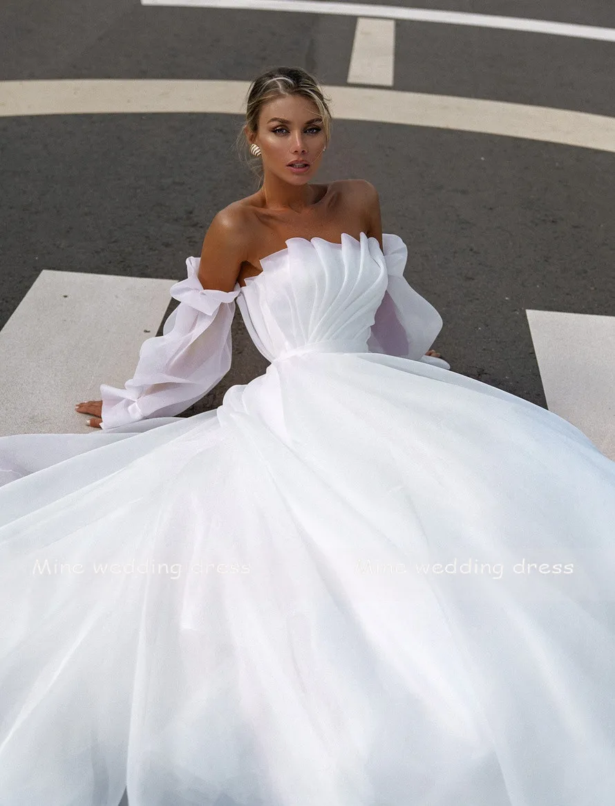 Customized New Design Boat Neck Detachable Puff Sleeve Pleats A-Line Wedding Dresses Bridal Gowns Vestido De Noiva Custom Made