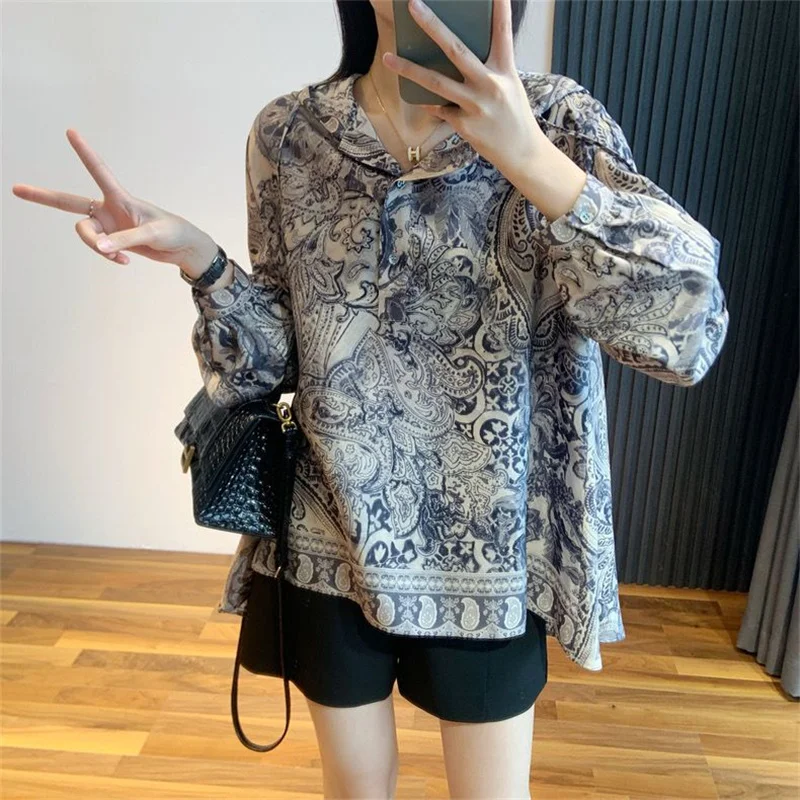 

Spring Autumn Vintage Hoodie Women Blouses Ethnic Floral Print Chiffon Tops Patchwork Long Sleeve Shirts Loose High Quality H343