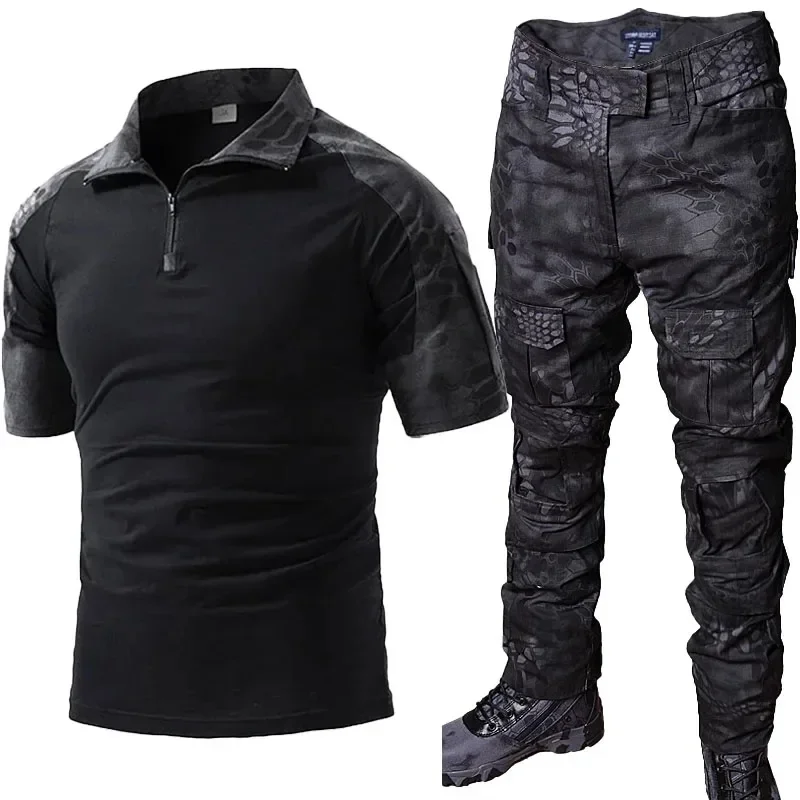 Tactical suit tactical shirt combat uniform Men Breathable Short Sleeve Tshirts + Outdoor Multi-pocket Cargo Pants 2 Pcs Suits