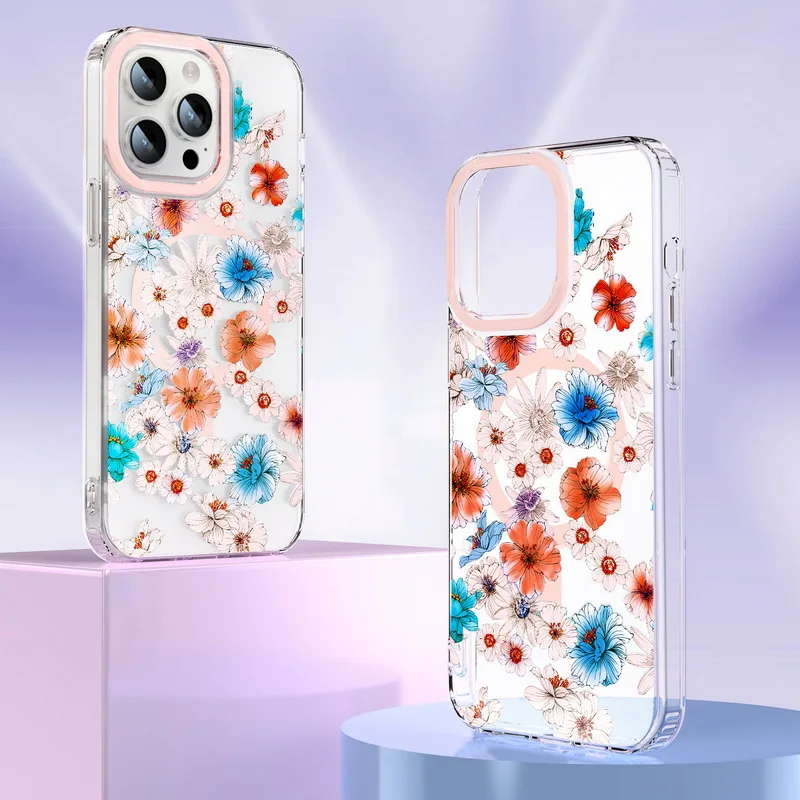

For iPhone 14 Pro Max 13 Pro 12 11 Transparent Flower Pattern Magnetic Acrylic Case For Magsafe Wireless Charging Phone Cover
