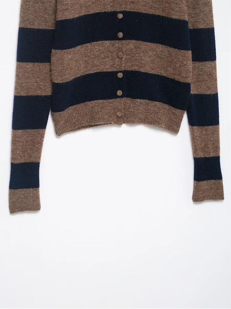  Women's POLO Collar Knit Coat Soft Warm Knitted Cardigan Casual Single Breasted New Striped Chic Simple Female Sweater Tops