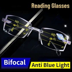 Frameless Square Reading Glasses for Men Women's Anti Blue Light Bifocal Far Near Magnification Eyewear Reader Glasses Women