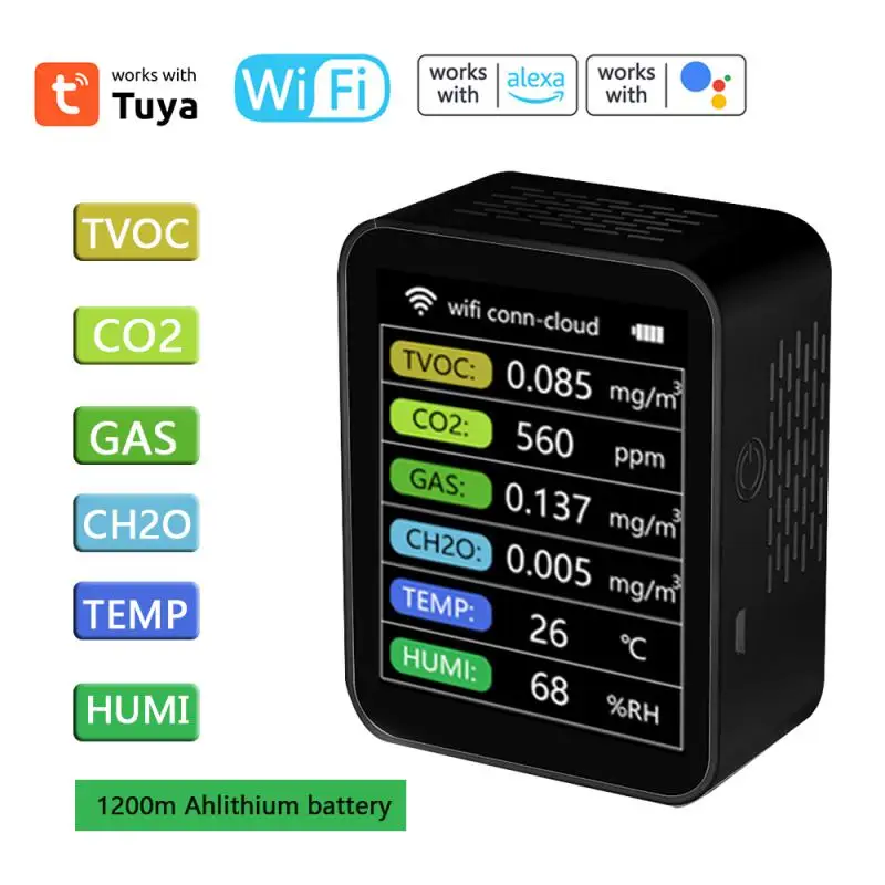 

Wi-Fi 7 в 1 умный монитор качества воздуха, измеритель CO2, TVOC, HCHO, PM2.5 тестер, цифровой датчик CO2, детектор формальдегида, газа, приложение Tuya