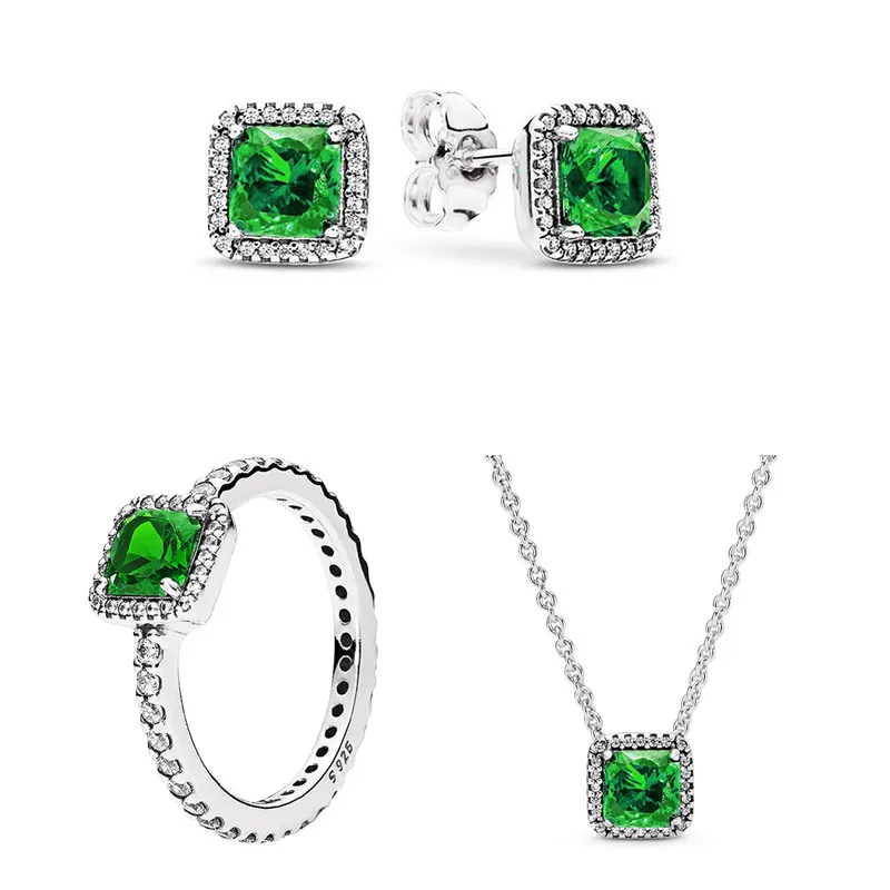 

Original 925 Sterling Silver Classic Timeless Elegance Necklace Earring Ring With Green Crystal For Women Fashion Jewelry