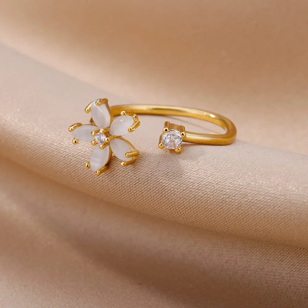 Opal Zirconia Stainless Steel Flower Wedding Ring