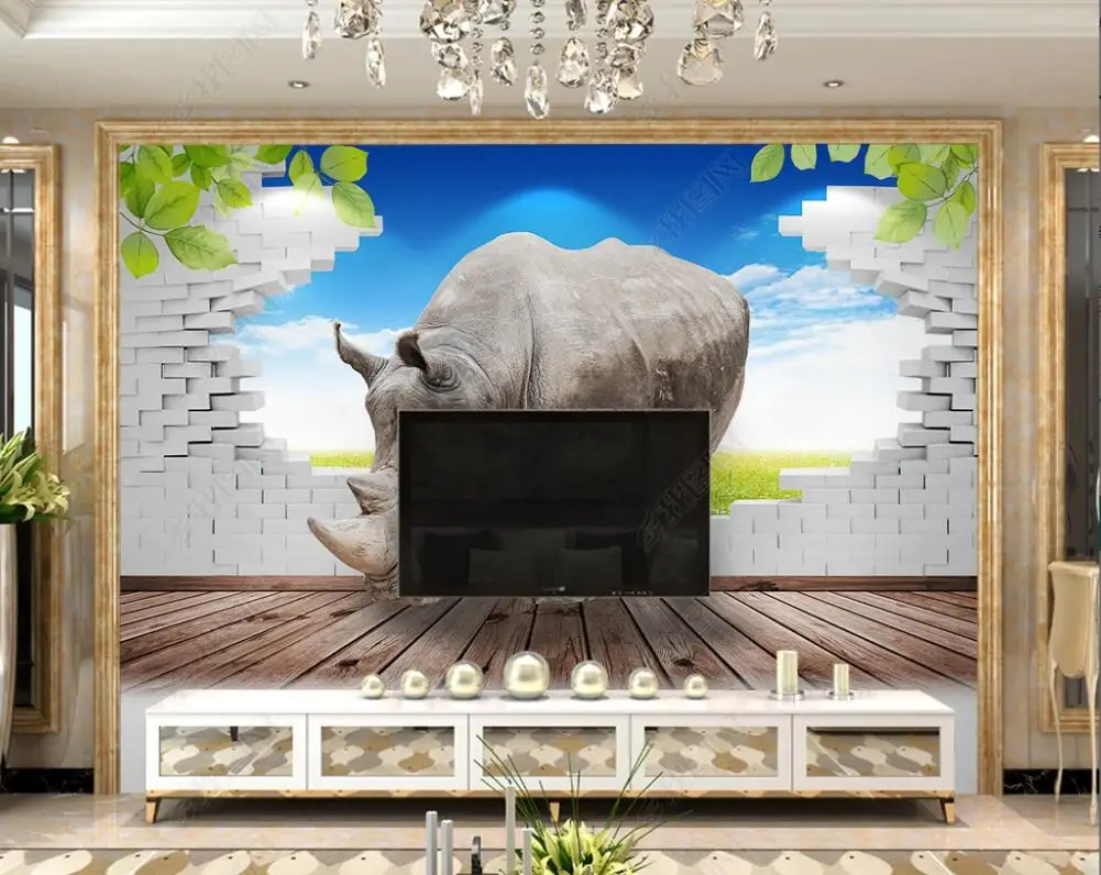 

custom mural photo wallpaper 3d rhino brick wall blue sky and white clouds decor living room wallpapers for walls in rolls 3d