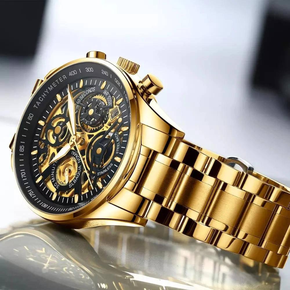 NIBOSI Men Watch Top Brand Gold Skeleton Quartz Mens Watches Full Steel Waterproof Chronograph Wristwatch Men Relogio Masculino