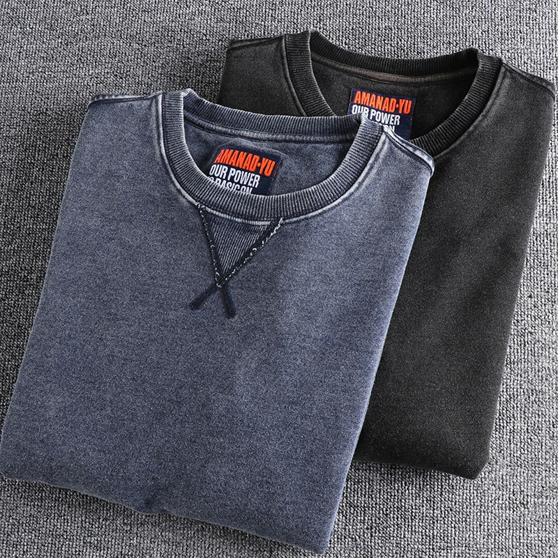 Re-washing old vintage European and American style men's crewneck sweater, washing soft cotton terry youth Joker top 4