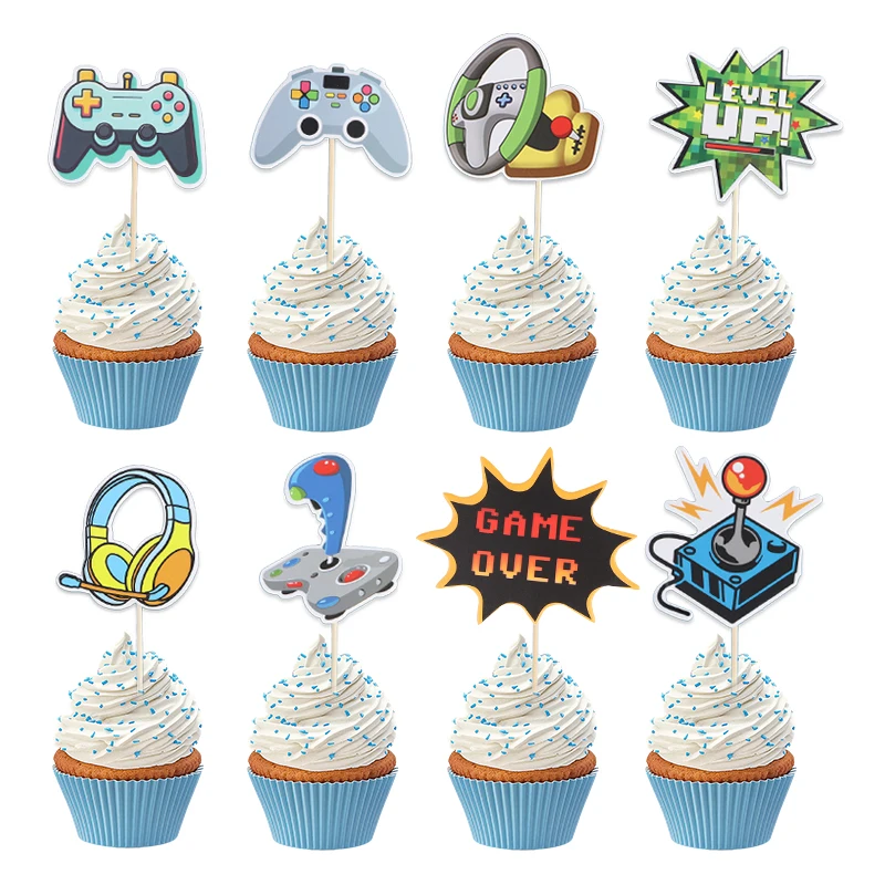 16pcs Video GamePad Cupcake Topper Picks Game on Happy Birthday Party Cake DIY Decoration Supplies Kids Boy Girl Favors Gifts