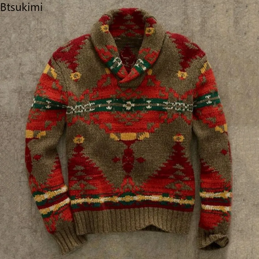 2024Men's Winter Sweater Jumpers Fashion Retro Jacquard Printed Christmas Tree Pattern Warm Pullovers Christmas Sweaters for Men