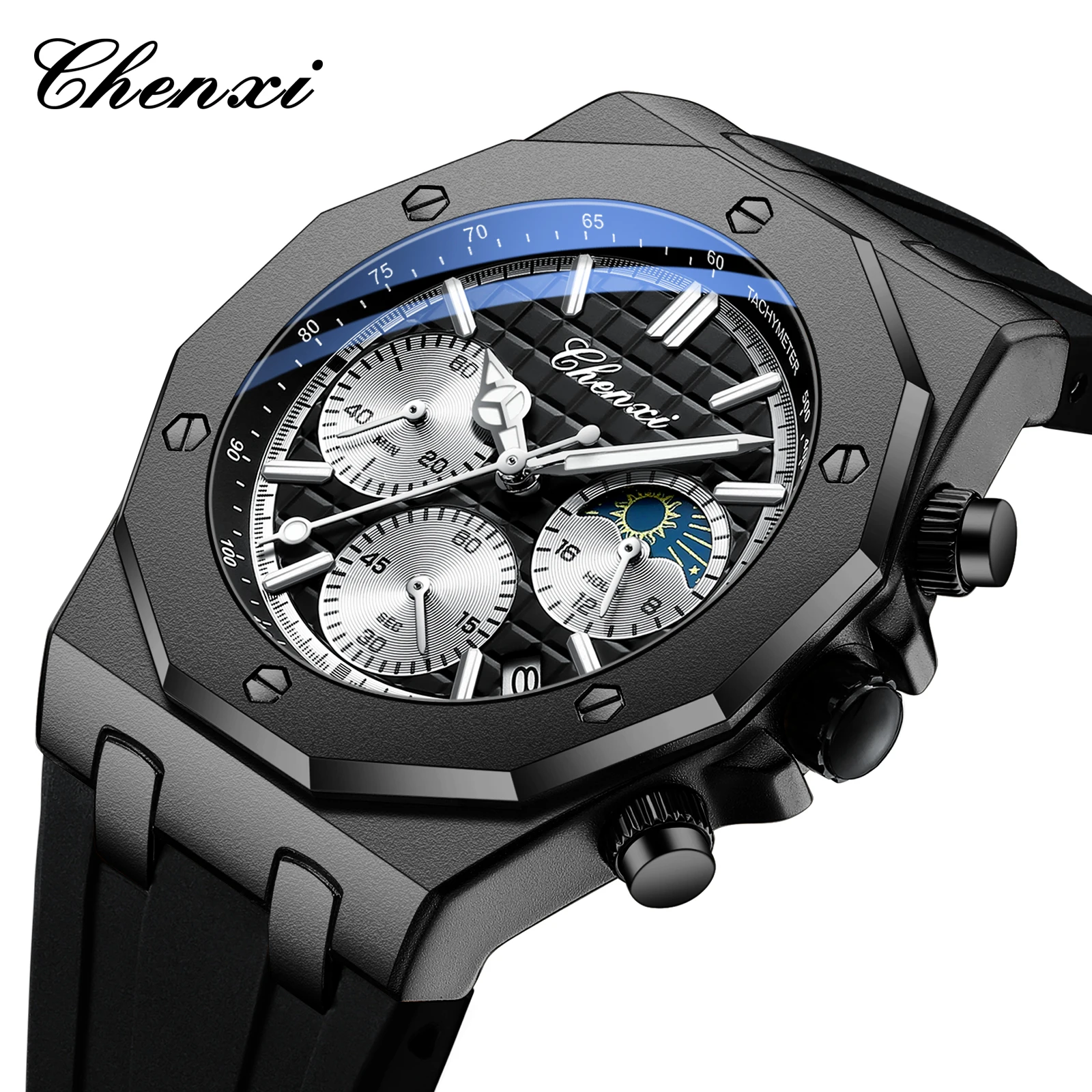 

CHENXI Top Brand Luxury Watch For Men Fashion Luminous Hands Moon Phase Chronograph Quartz Clock Casual Male Date Wristwatches