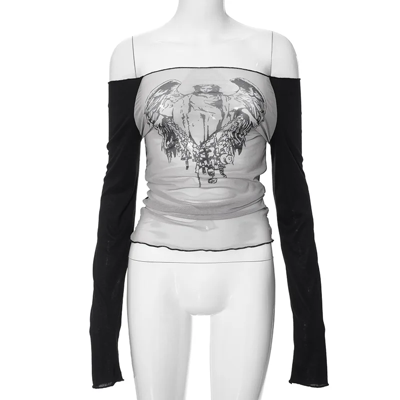 Fashion Knitted Mesh Character Print Graphic T Shirts Casual One-Piece Neckline Long Sleeve Women Clothes See-Through Y2k Top