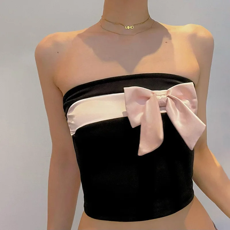 

Sexy Streetwear Party Contrasting Colors Short Style Tanks Women Sleeveless Strapless Bow Nightclub Female 2024 Clubwear Tops