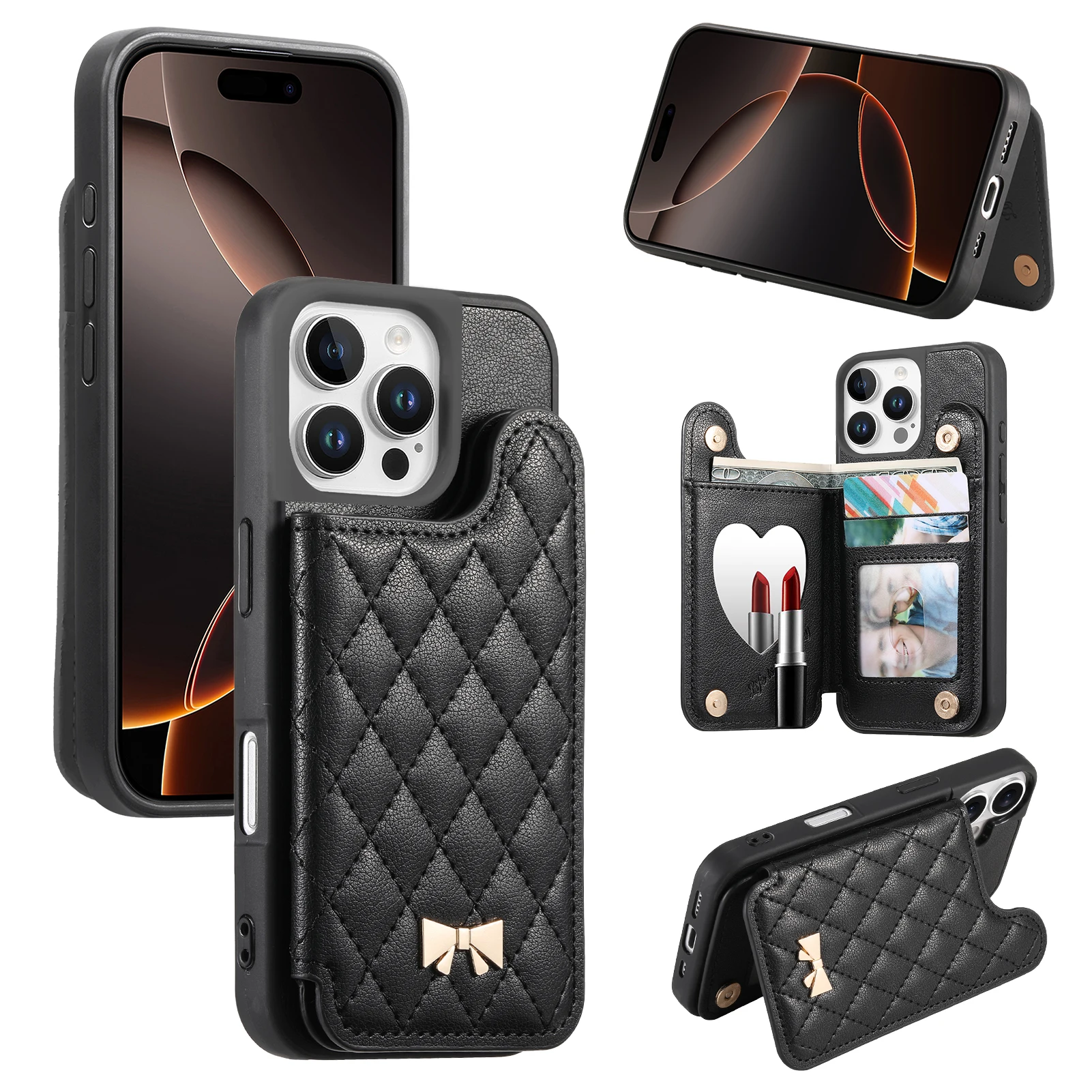Grid Pattern Leather Phone Case with Built-in Mirror and Card Pocket Wallet Cover